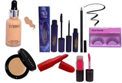 

Divas Beauty Eyelashes, Bobbi Brown Corrector Concealer, Mac Studio Water weight Foundation, Padma Eyeliner, Mascara, Pink lip Gloss, Gaimbattista Lipstick, Pencil Kajal(Set of 8)