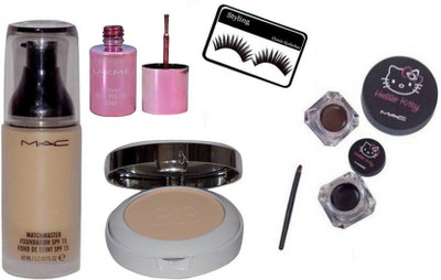 

Styling yelashes & Mac MatchMaster Foundation & hello kItty Gel Eyeliner 2 shades Black & Brown & Colorbar Compact,Mirror Nail polish(Set of 5)