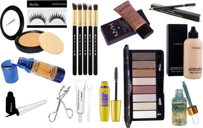 

studio Eyelashes with lashfix liquid and eyelash curler, mac prep+prime primer, mac compact and mac Fard A Paupieres eyeshadow palete in 8 shades, Mac face and body foundation, mac eyeliner and the magnum volum waterproof mascara, brush set of 5 and mac p