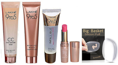 

big basket Silicon Puff, Lakme 9 To 5 Weightless Mousse Foundation, C C Cream, Infallible Primer, Pink Lipstick(Set of 5)
