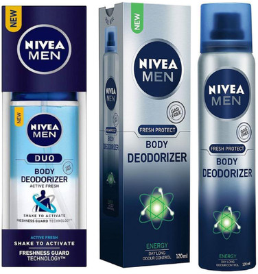 

Nivea MEN DUO ACTIVE FRESH BODY DEODORIZER 100 ML+MEN ENERGY BODY DEODORIZER 120 ML Deodorant Spray - For Men & Women(120 ml, Pack of 2)