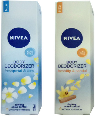 

Nivea FRESH PETAL & CARE BODY DEODORIZER 120 ML+FRESH LILY & SANDAL BODY DEODORIZER 120 ML Deodorant Spray - For Men & Women(120 ml, Pack of 2)