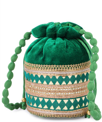 

Gaurapakhi Handicrafts Designer Silk Heavy Rajasthani Resham Potlis Golden Clutch Bag, Standard Potli For Bridal, Casual, Party , Wedding Potli bag Potli (Green) Potli(Green)