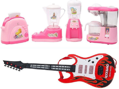 

New Pinch Combo of Educational Household Set Juicer, Coffee Maker, Water Dispenser and Toaster- Set of 4 Role Play Toy with Musical Guitar Light and Sound for Kids