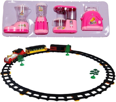 

New Pinch Combo of Educational Household Set Juicer, Coffee Maker, Water Dispenser and Toaster- Set of 4 Role Play Toy with Train with Big Track, Light and Sound for Kids