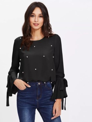 Alfa Fashion Casual Bell Sleeve Embellished Women Black Top