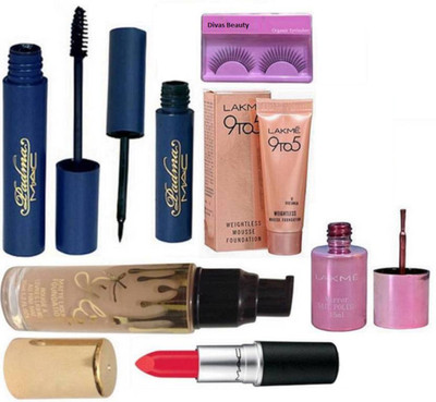 

Divas Beauty Eyelashes, kylie Matte Liquid Foundation, Mac Padma Eyeliner, Mascara, Lustre Lipstick, Mirror Nail polish,9to5 Mousse Foundation(Set of 7)
