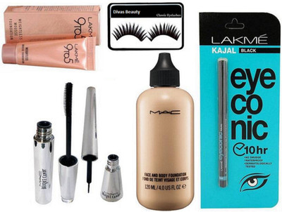 

Divas Beauty Eyelashes, Mac Face and Body Foundation, Brook Candy Eyeliner & Mascara, Eyeconic Kajal, 9to5 Mousse Foundation(Set of 6)