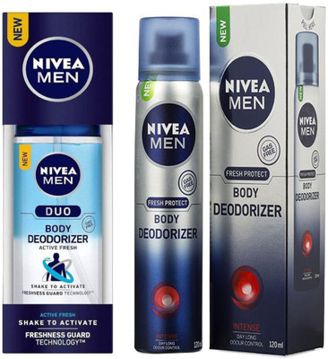 

Nivea MEN DUO ACTIVE FRESH BODY DEODORIZER 100 ML+MEN INTENSE BODY DEODORIZER 120 ML Deodorant Spray - For Men & Women(100 ml, Pack of 2)