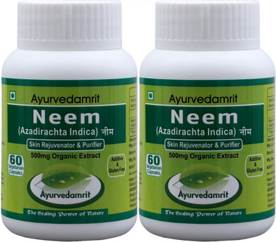 

Ayurvedamrit Neem, Skin Care Ayurvedic Herbal Supplements with 100% Neem / Azadirachta Indica Extract - 60 Vegetarian Capsules (Pack Of 2)(120 No)