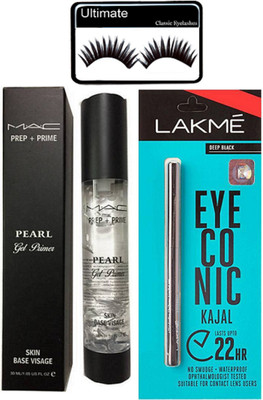 

Ultimate Eyelashes, Mac Pearl Gel Primer, Lakme Deep Black Eyeconic Kajal(Set of 3)