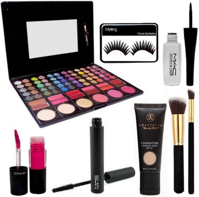 

styling eyelashes, Make Up Brush Set Of 2, Mac Professional 78 Shade Make Up Palette ,Anastasia Loose Powder Foundation, mac liquid eyeliner & Zoom Lash Mascara, Pink Lip gloss(Set of 8)