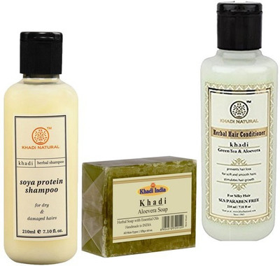 

Khadi Natural soya shampoo, green tea cond sls free, aloevera soap(Set of 3)