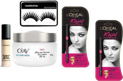 

Longlasting Eyelashes, L'oreal Paris Magique Kajal Pack of 2, Olay natural white rich all in one fairness day cream, Mac Pro longwear Concealer(Set of 5)