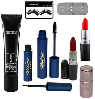 

Longlasting Eyelashes, Mac Prep+prime BB Foundation, Padma Eyeliner & Mascara, Lipstick, Matte Finish Lipstick Red, Mirror Nail Paint(Pack of 2)(Set of 8)