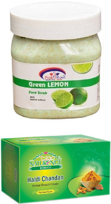

Pink Root GREEN LEMON SCRUB 500ML WITH NATURENCE HALDI CHANDAN BLEACH 200G(Set of 2)