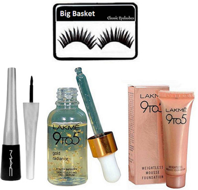 

big basket Eyelashes, Mac liquid Eyeliner, 9to5 Face Serum,9to5 Mousse foundation(Set of 4)