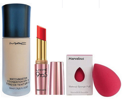 

Marvalous sponge puff & mac match master foundation with lakme 9 to 5 long lasting lipstick(Set of 3)