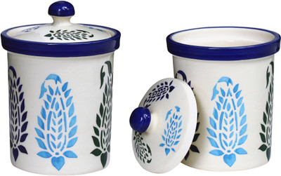 

caffeine Mini Jar Ceramic in Authentic Leaf (Set of 2) Handmade - 1000 ml Stoneware Grocery Container(Pack of 2, White)