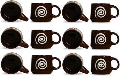 

caffein Tea Cup Ceramic/Stoneware in Mehendi Green & White Doodle Cubic Ceramic(Brown, Pack of 12)