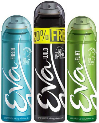 

EVA 20% FREE With WILD 125ml+25ml + FLIRT 125ml + FRESH 125ml, No Alcohal, Skin Friendly Pack Of 3 Deodorant Spray - For Women(400 ml, Pack of 3)