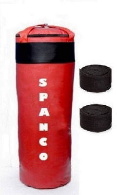 

SPANCO 3.5 Feet Long, PU Material, Red and Black Color, Unfilled With Hanging Straps and 9 Feet Long Black Color Hand Wraps Pair Boxing Kit