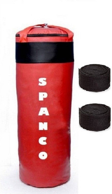 

SPANCO 3.0 Feet Long, PU Material, Red and Black Color, Unfilled With Hanging Straps and 9 Feet Long Black Color Hand Wraps Pair Boxing Kit
