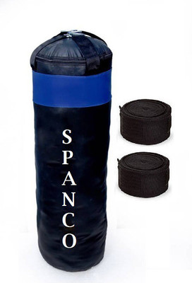 

SPANCO 1.5 Feet Long, PU Material, Black and Blue Color, Unfilled With Hanging Straps and 9 Feet Long Black Color Hand Wraps Pair Boxing Kit
