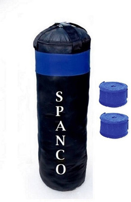 

SPANCO 3.5 Feet Long, PU Material, Black and Blue Color, Unfilled With Hanging Straps and 9 Feet Long Blue Color Hand Wraps Pair Boxing Kit