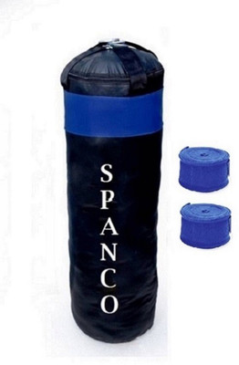

SPANCO 5.0 Feet Long, PU Material, Black and Blue Color, Unfilled With Hanging Straps and 9 Feet Long Blue Color Hand Wraps Pair Boxing Kit