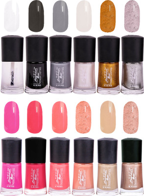 

SMC FASHION BAR Gel Based Neon Nail Paint Combo Top Coat, Black, Gray, Shimmer White, Glitter Golden, Shimmer Silver, Rose Pink, Neon Pink, Straberry Pink, Shimmer Soft Peach, Nude Brown, Shimmer Nude Brown(Pack of 12)