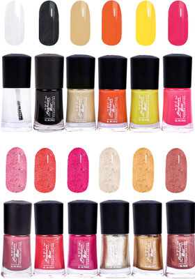 

SMC FASHION BAR Gel Based Long Lasting Nail Paint Combo Top Coat, Black, Nude Brown, Orange, Neon Yellow, Neon Pink, Carnival Pink, Berry Red, Red Purple Matelic, Shimmer Fusion Silver, Glossy Golden, Shimmer Cinnamon(Pack of 12)