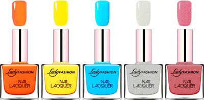 

Lady Fashion Ultra HI-Shine Long Stay Nail Polish Juice Orange,Yellow,Sky Blue,Grey,Mauve(Pack of 5)