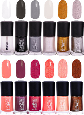 

SMC FASHION BAR Gel Based Exclusive Nail Paint Combo Top Coat, Black, Gray, Shimmer White, Glitter Golden, Shimmer Silver, Brown Peach, Rich Rasin, Shimmer Ruby Pink, Salmon Peach, Shimmer Light Peach, Shimmer Copper Brown(Pack of 12)