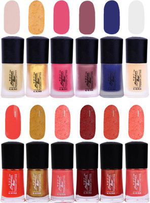 

SMC FASHION BAR Gel Based Trendy Nail Paint Combo Matte Nude Almond, Matte Golden Yellow, Matte Lava Pink, Matte Mulberry Brown, Matte Royal Blue, Matte Top Coat, Neon Orange, Glitter Golden, Salmon Peach, Mahogany Red, Glossy Orange, Shimmer Peach(Pack o