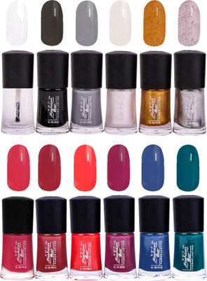 

SMC FASHION BAR Gel Based High Shine Nail Paint Combo Top Coat, Black, Gray, Shimmer White, Glitter Golden, Shimmer Silver, Carmine Red, Garnet Red, Crimson Red, Dark Mauve, Royal Blue, Dark Green(Pack of 12)