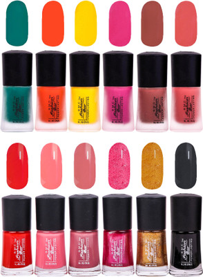 

SMC FASHION BAR Gel Based Exclusive Nail Paint Combo Matte Dark Green, Matte Orange, Matte Neon Yellow, Matte Hot Pink, Matte Rosewood Red, Matte Rose Pink, Crimson Red, Blush Peach, Brick Red, Shimmer Berry Pink, Glitter Golden, Black(Pack of 12)