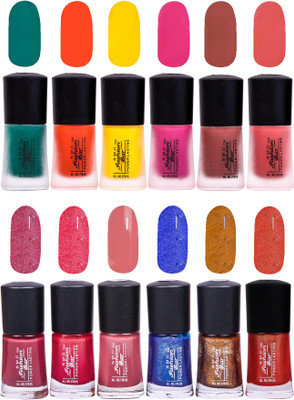 

SMC FASHION BAR Gel Based High Quality Nail Paint Combo Matte Dark Green, Matte Orange, Matte Neon Yellow, Matte Hot Pink, Matte Rosewood Red, Matte Rose Pink, Rosewood, Shimmer Ruby Pink, Brick Red, Shimmer Sea Blue, Glitter Amber Gold, Glossy Orange(Pac