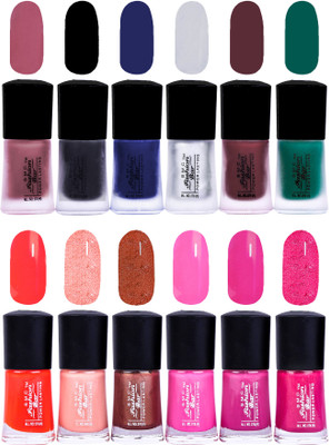 

SMC FASHION BAR Gel Based Exclusive Nail Paint Combo Matte Mulberry Brown, Matte Black, Matte Royal Blue, Matte Silver, Matte Sangria Red, Matte Dark Green, Neon Orange, Shimmer Soft Peach, Shimmer Cinnamon, Rose Pink, Grape Color, Red Purple Matelic(Pack