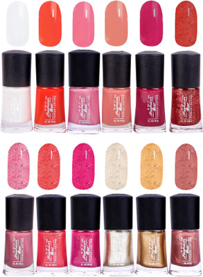 

SMC FASHION BAR Gel Based Trendy Nail Paint Combo White, Neon Orange, Light Rosewood, Coral Peach, Cranberry Pink, Glitter Copper, Carnival Pink, Berry Red, Red Purple Matelic, Shimmer Fusion Silver, Glossy Golden, Shimmer Cinnamon(Pack of 12)