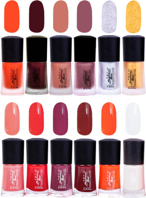 

SMC FASHION BAR Gel Based Exclusive Nail Paint Combo Matte Orange, Matte Garnet Red, Matte Coral Peach, Matte Mulberry Brown, Matte Silver, Matte Golden Yellow, Blush Peach, Crimson Red, Wine, Mahogany Red, Orange, White(Pack of 12)