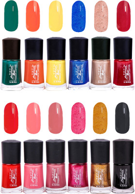 

SMC FASHION BAR Gel Based Trendy Nail Paint Combo Dark Green, Orange, Neon Yellow, Shimmer Sea Blue, Shimmer Nude Brown, Garnet Red, Crimson Red, Blush Peach, Brick Red, Shimmer Berry Pink, Glitter Golden, Black(Pack of 12)