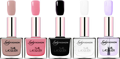 

Lady Fashion Ultra HI-Shine Long Stay Nail Polish Silky Purple,Silky Pink,Black,White,Top Coat(Pack of 5)