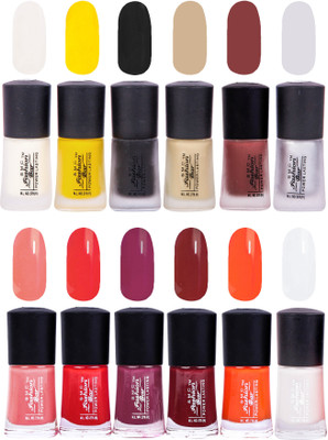 

SMC FASHION BAR Gel Based Royal Nail Paint Combo Matte Pearl Cream, Matte Neon Yellow, Matte Black, Matte Nude Almond, Matte Rosewood Red, Matte Silver, Blush Peach, Crimson Red, Wine, Mahogany Red, Orange, White(Pack of 12)