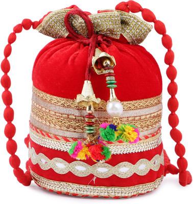 

Gaurapakhi Handicrafts Designer Silk Heavy Rajisthani Resham Potlis Red & Golden Standard Clutch Bag, Potli For Bridal, Casual, Party , Wedding Potli Potli(Red)