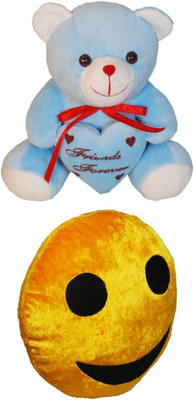 

Red Ballons Combo of Smiley Pillow with Cute blue chubby Teddy - 30 cms - 10 cm(Multicolor)