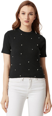Miss Chase Casual Short Sleeve Polka Print Women White, Black Top