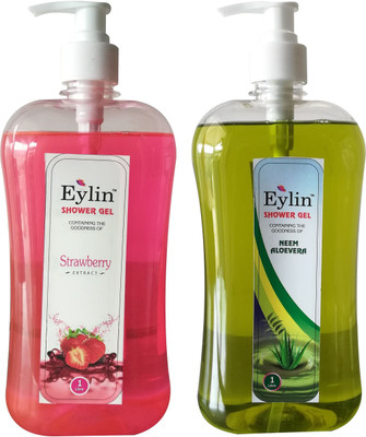 

EYLIN SHOWER GEL COMBO : 1 LITRE EACH OF SCREAMING STRAWBERRY PERFUMED, WITH STRAWBERRY EXTRACTS-PINK COLORED & 1 LTRE NEEM/ALOE VERA EXTRACTS, ALOE ENHANCED GREEN SHOWER GELS. TOTAL 2 LITRES(2000 ml, Pack of 2)