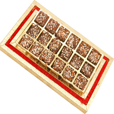 

Ghasitaram Gifts Diwali Gifts - Red and Gold 18 pcs English Brittle Chocolates Tray Brittles(450 g)