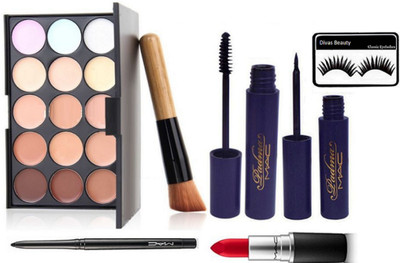 

divas beauty Eyelashes&15 Colors Concealer Palette,Makeup Brush, Mascara & Liquid Eyeliner,Kajal & Red Lipstick(Set of 7)